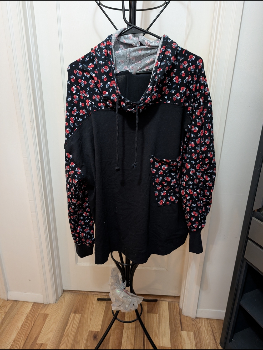 FP Movement by Free People Black Hoodie with Red Floral Accents Size Medium